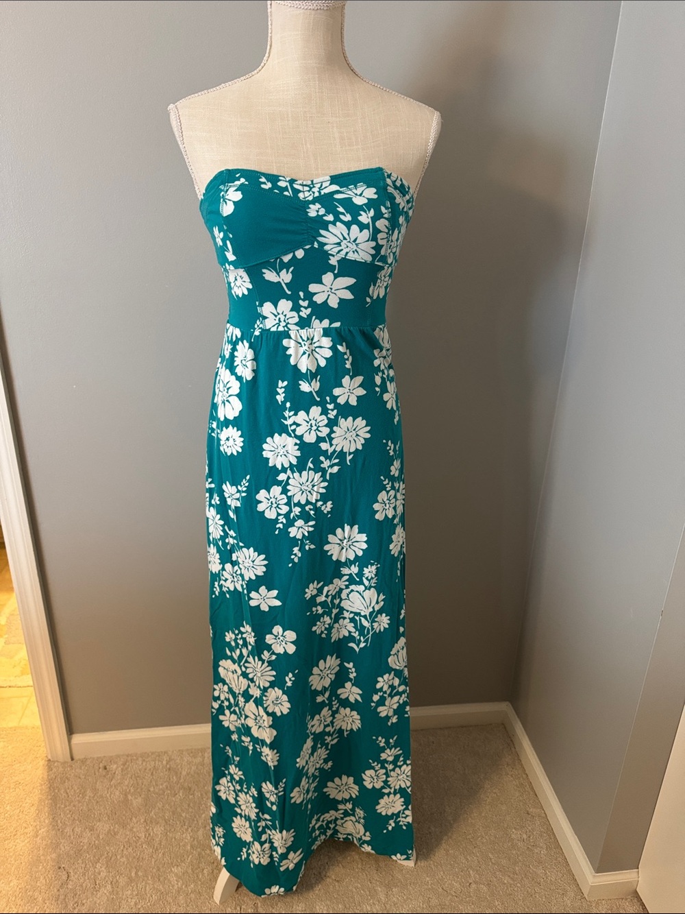Aeropostale Teal Strapless Floral Maxi Dress